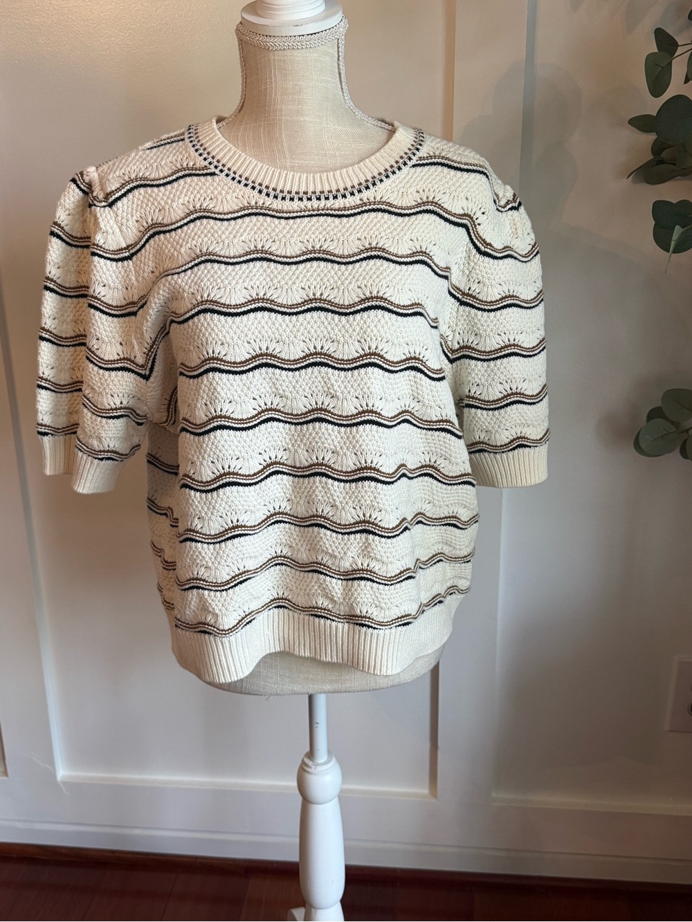 Cream Striped Short-Sleeve Crewneck Sweater